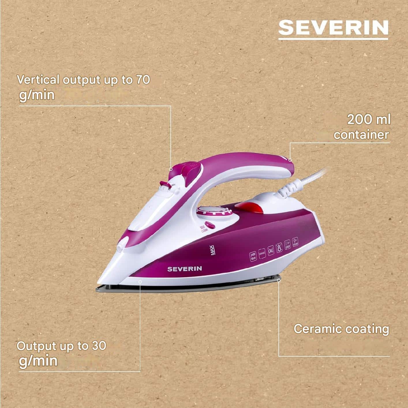 Fier de calcat, Severin, S3243, 2400 W, 200 ml, roz