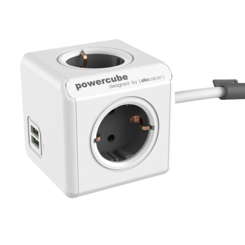 Prelungitor cubic, Powercube by Allocacoc, 2xUSB, 4 prize, 3m, alb/gri