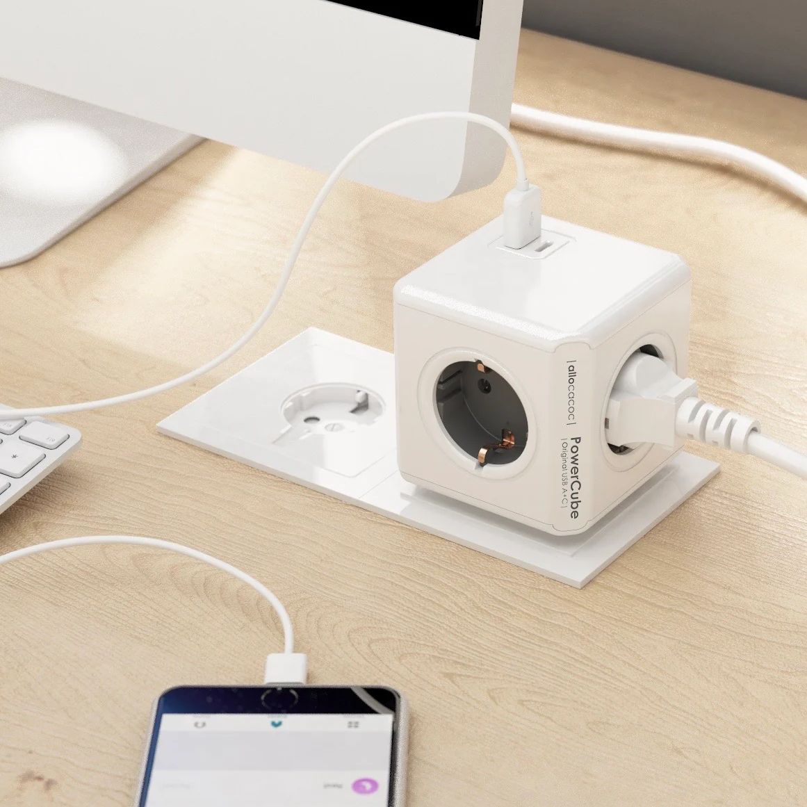 Prelungitor cubic, Powercube by Allocacoc, USB-C, 4 prize, alb/gri