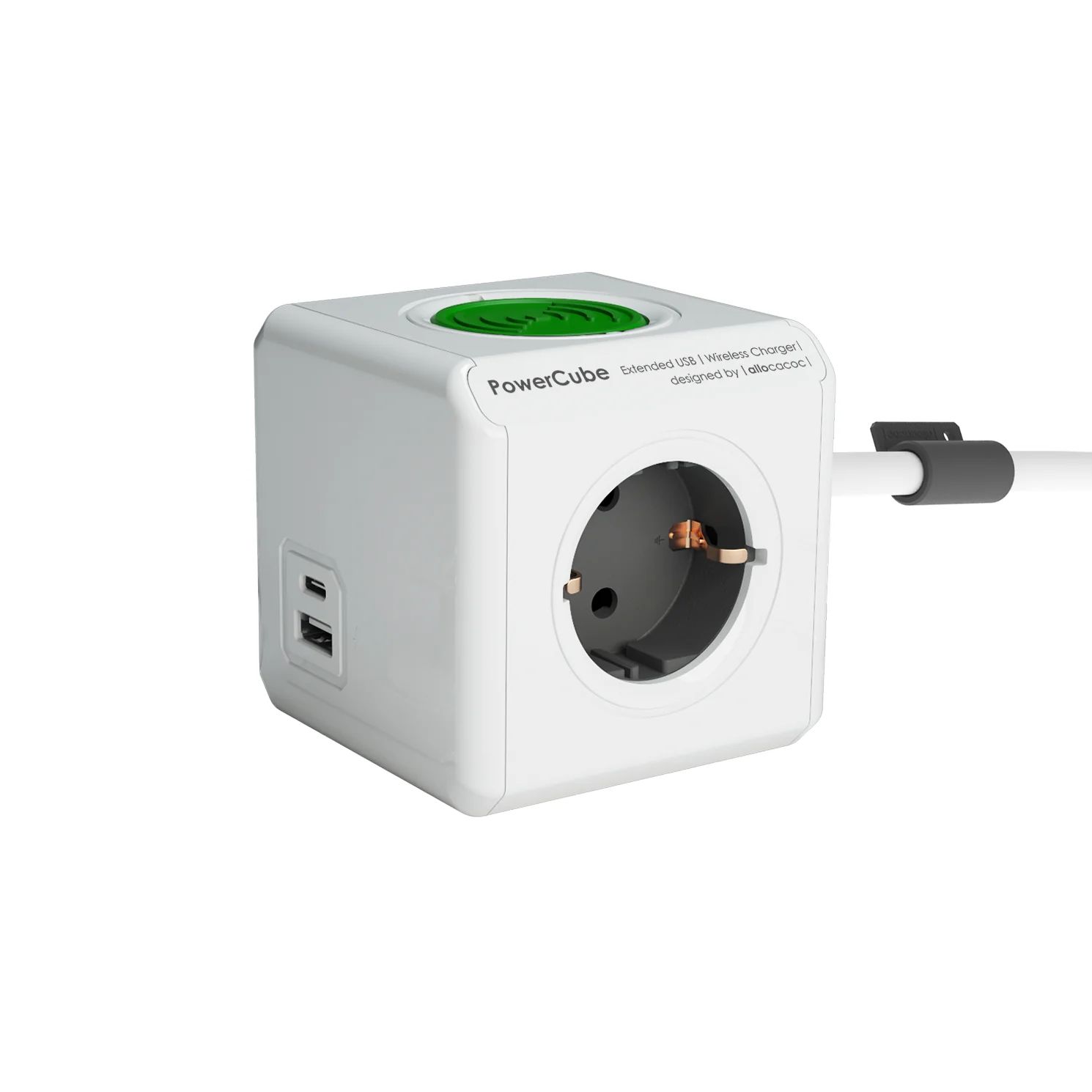Prelungitor cubic cu incarcare wireless, Powercube by Allocacoc, 2xUSB, 3 prize, 1.5m, alb/gri