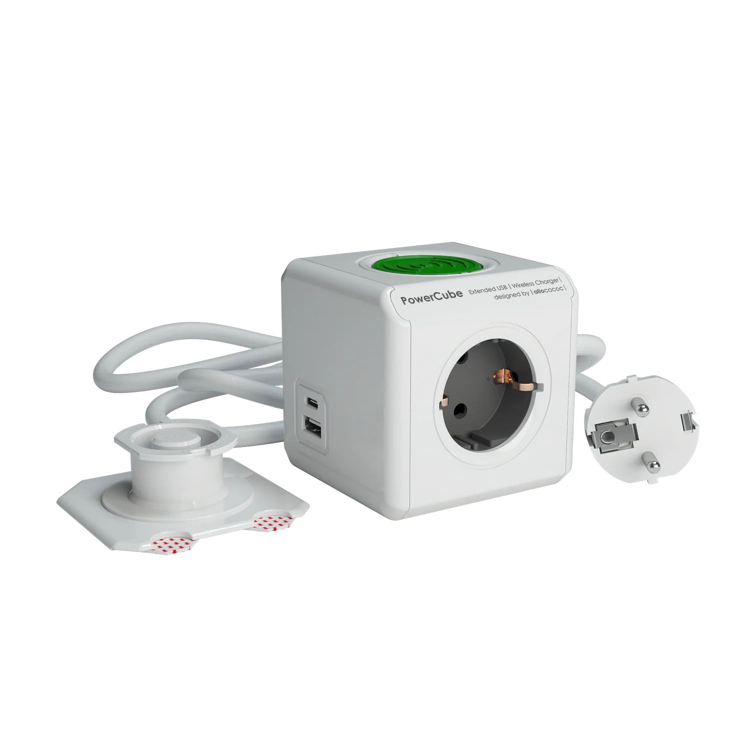 Prelungitor cubic cu incarcare wireless, Powercube by Allocacoc, 2xUSB, 3 prize, 1.5m, alb/gri