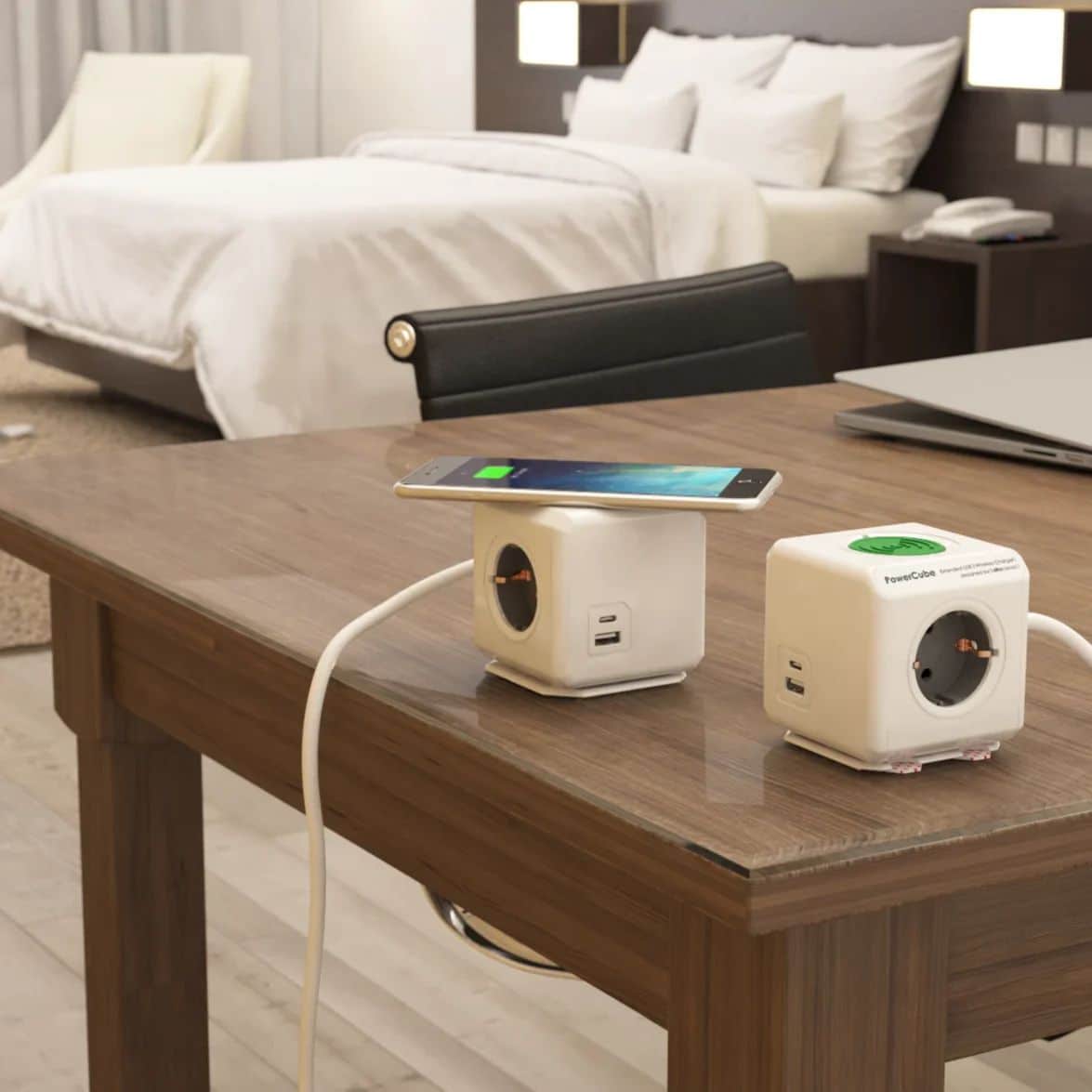 Prelungitor cubic cu incarcare wireless, Powercube by Allocacoc, 2xUSB, 3 prize, 1.5m, alb/gri