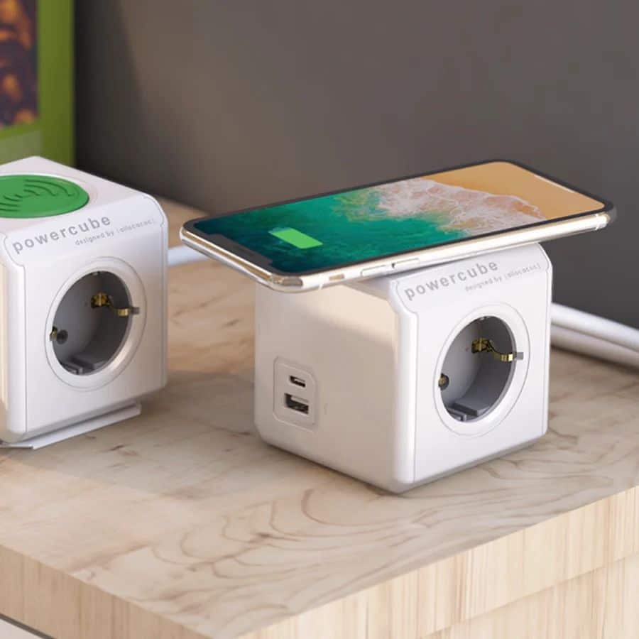 Prelungitor cubic cu incarcare wireless, Powercube by Allocacoc, 2xUSB, 3 prize, 1.5m, alb/gri