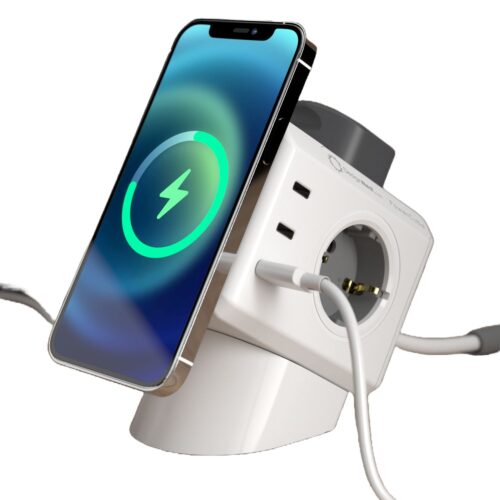 Prelungitor cubic cu incarcare wireless, Powercube by Allocacoc, 6xUSB, 3 prize, 1.5m, alb/gri