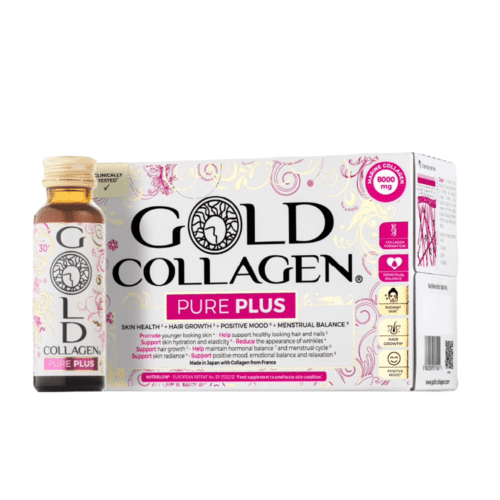 Supliment lichid cu colagen marin hidrolizat pentru piele, par, dispozitie pozitiva si echilibru menstrual, Gold Collagen Pure Plus 30+, 10 flacoane x 50 ml