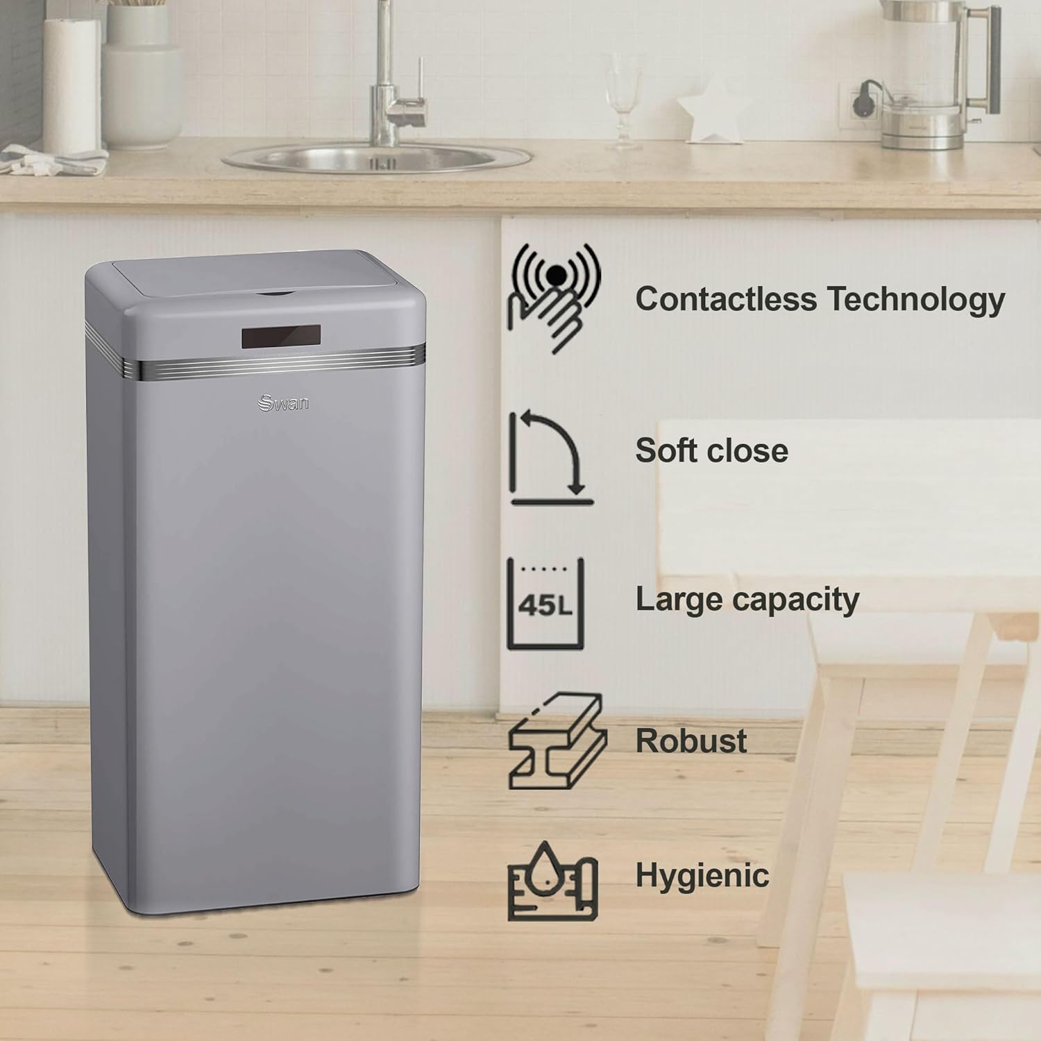 Cos de gunoi cu senzor, Swan, Retro, 45 litri, 1 compartiment, gri