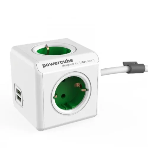 Prelungitor cubic, Powercube by Allocacoc, 2xUSB, 4 prize, 1.5m, alb/verde