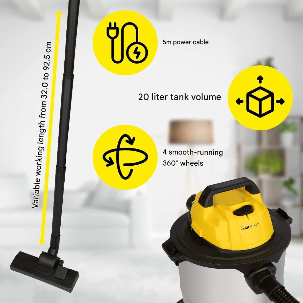 Aspirator multifunctional fara sac 3in1, Clatronic, 1200 W, galben/gri