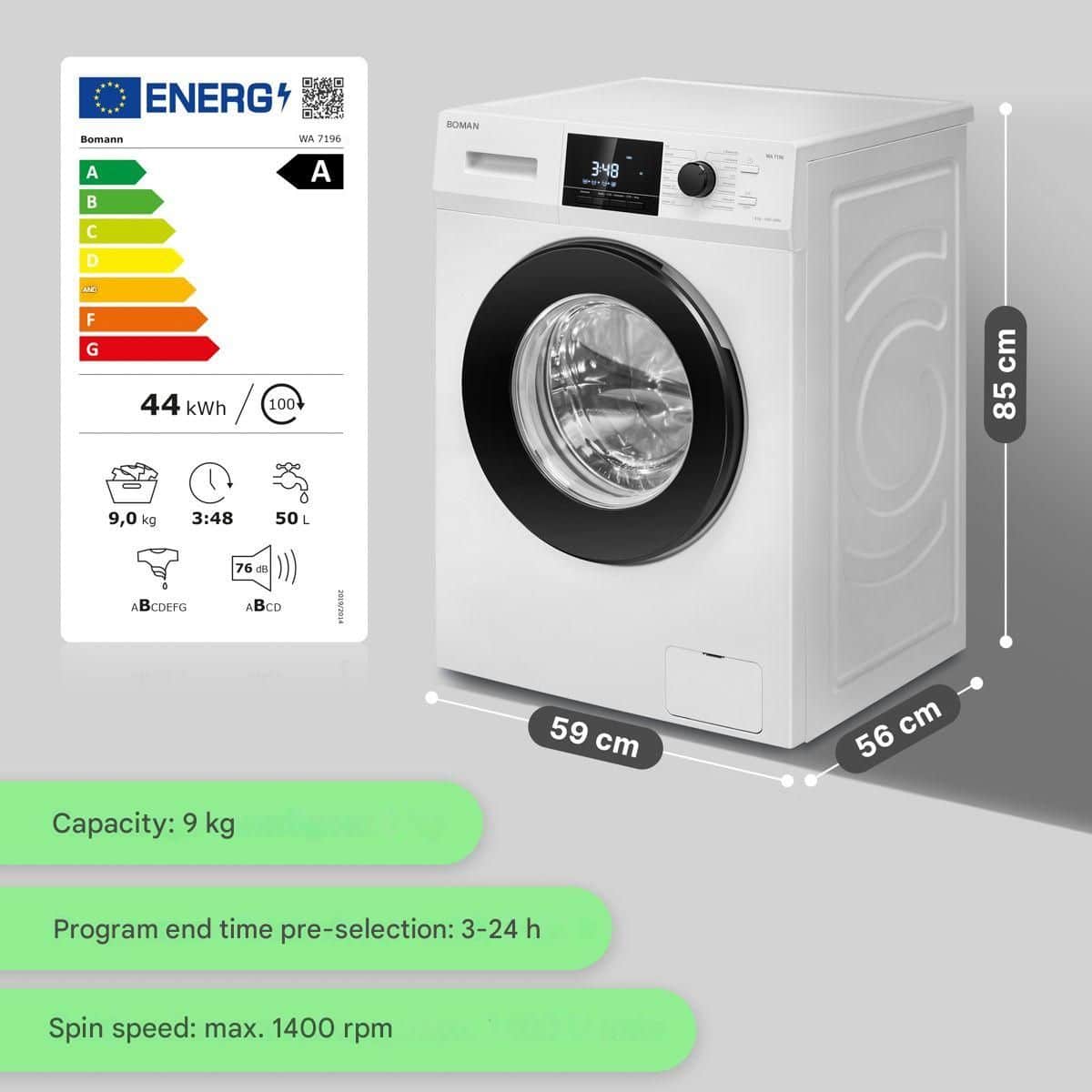 Masina de spalat rufe, Bomann, WA7196W, 9 kg, 1400 rpm, alb