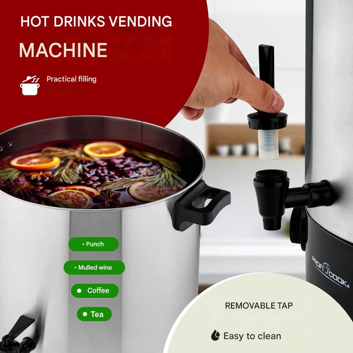 Percolator pentru bauturi fierbinti, ProfiCook, PC-EKA1283, 32 litri, 2100 W, inox