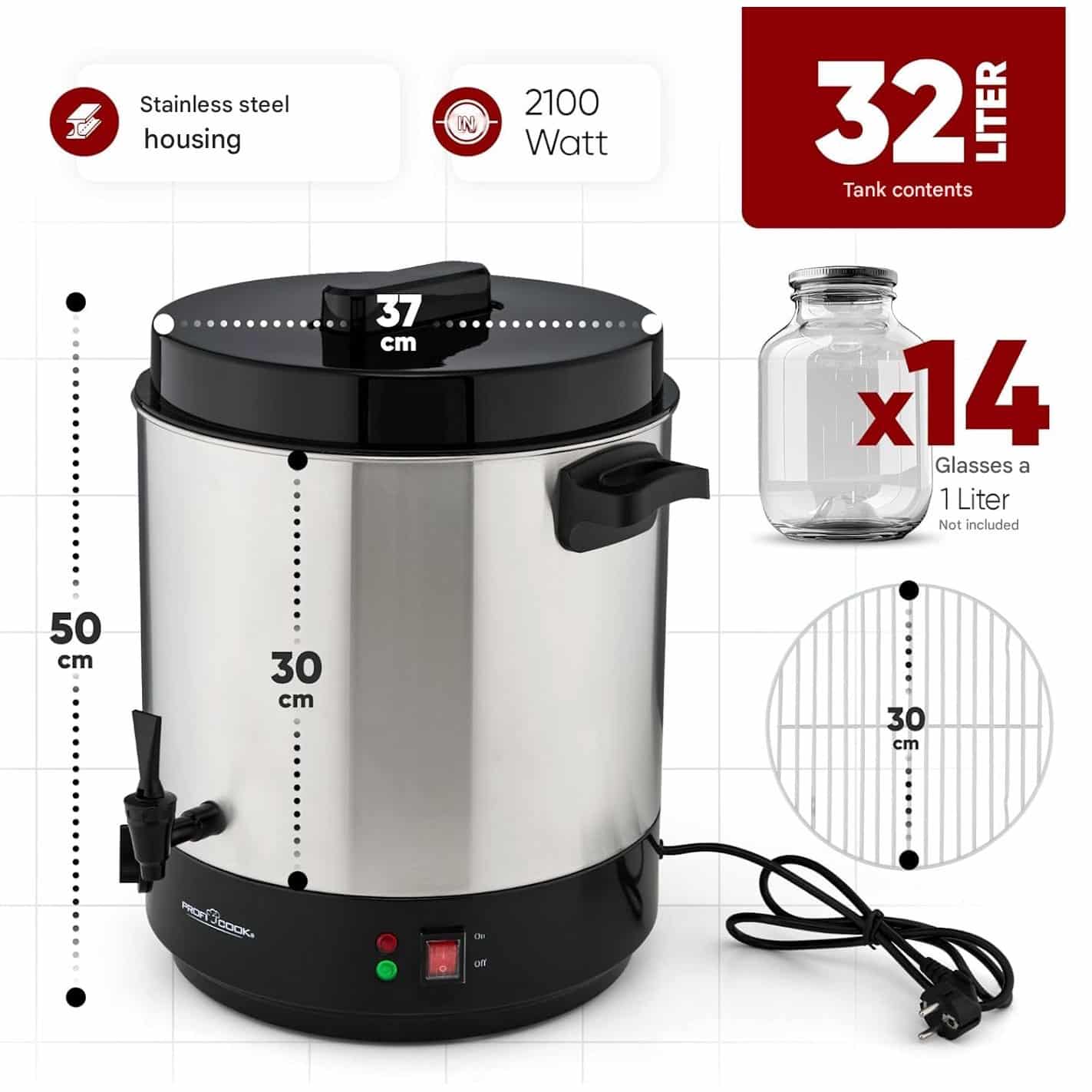 Percolator pentru bauturi fierbinti, ProfiCook, PC-EKA1283, 32 litri, 2100 W, inox