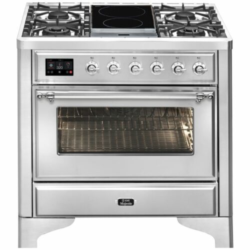 Aragaz, ILVE, Majestic, 90 cm, 4 arzatoare, plita cu inductie, 2 zone, cuptor electric, stainless stell/chrome