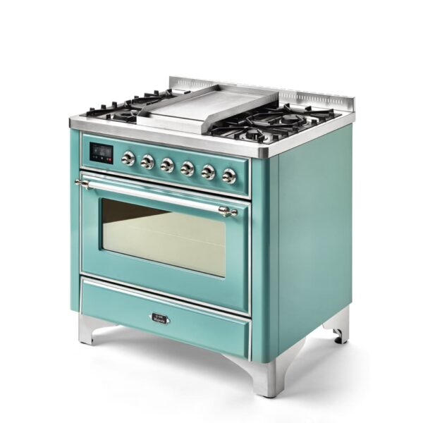 Aragaz, ILVE, Majestic, 90 cm, 4 arzatoare, Fry Top, cuptor electric, light green/chrome