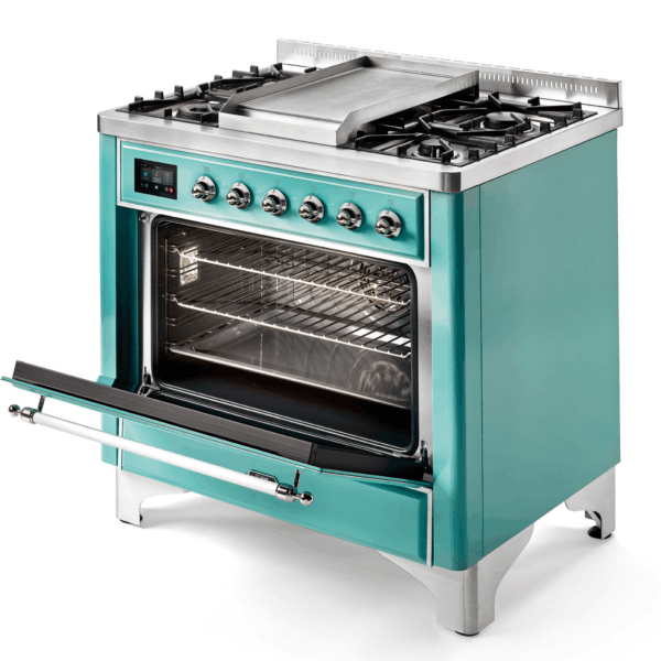 Aragaz, ILVE, Majestic, 90 cm, 4 arzatoare, Fry Top, cuptor electric, light green/chrome