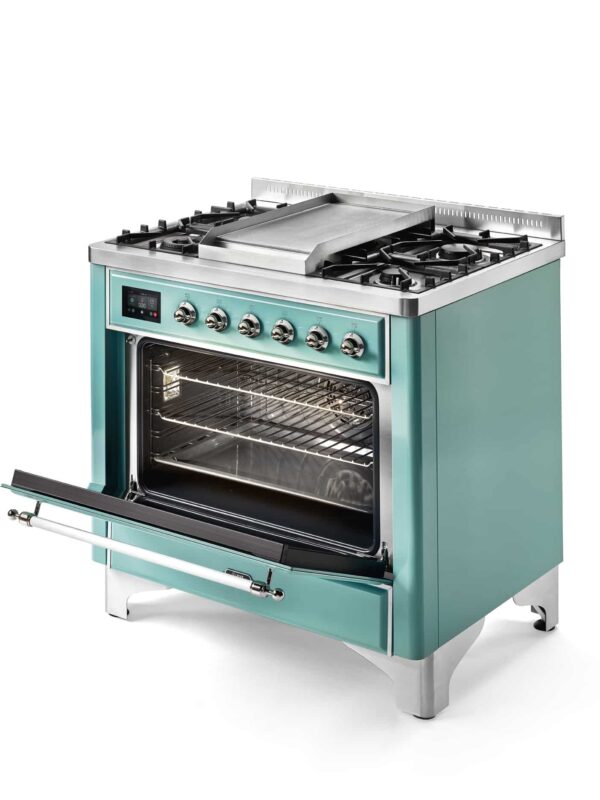 Aragaz, ILVE, Majestic, 90 cm, 4 arzatoare, Fry Top, cuptor electric, light green/chrome