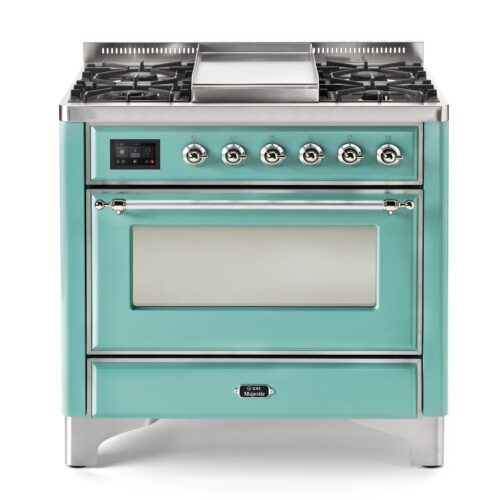 Aragaz, ILVE, Majestic, 90 cm, 4 arzatoare, Fry Top, cuptor electric, light green/chrome