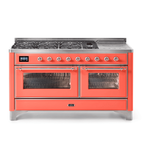 Aragaz, ILVE, Majestic, 150 cm, 6 arzatoare, Fish Pot, French Top, 2 cuptoare electrice, living coral/chrome