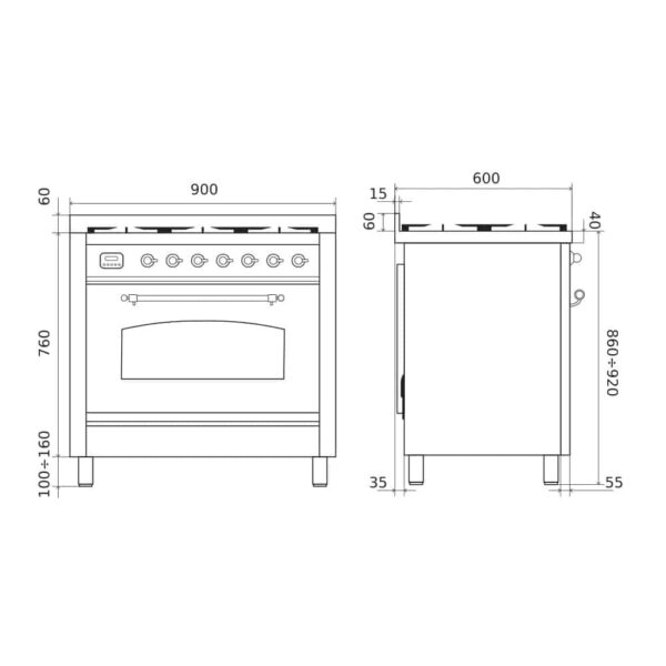 Aragaz, ILVE, Nostalgie, 90 cm, 4 arzatoare, Fry Top, cuptor electric, graphite matte/chrome