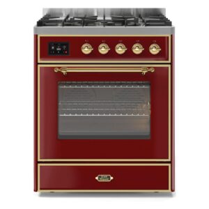 Aragaz, ILVE, Majestic, 80 cm, 5 arzatoare, cuptor electric, burgundy/brass