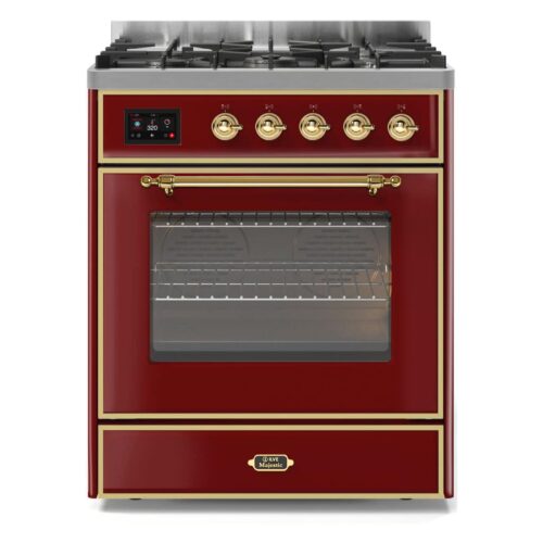 Aragaz, ILVE, Majestic, 80 cm, 5 arzatoare, cuptor electric, burgundy/brass
