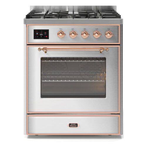 Aragaz, ILVE, Majestic, 80 cm, 5 arzatoare, cuptor electric, stainless steel/copper