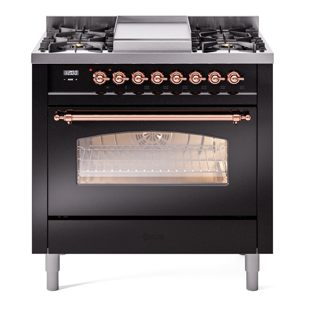 Aragaz, ILVE, Nostalgie, 90 cm, 4 arzatoare, Fry Top, cuptor electric, glossy black/copper