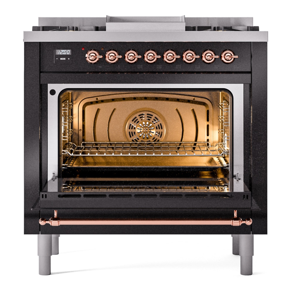 Aragaz, ILVE, Nostalgie, 90 cm, 4 arzatoare, Fry Top, cuptor electric, glossy black/copper