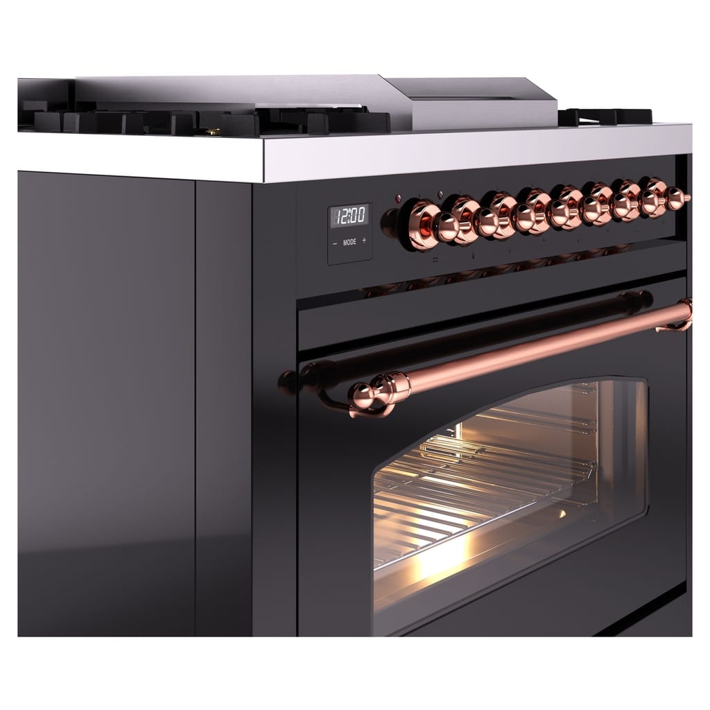 Aragaz, ILVE, Nostalgie, 90 cm, 4 arzatoare, Fry Top, cuptor electric, glossy black/copper