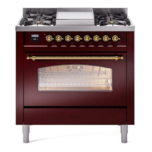 Aragaz, ILVE, Nostalgie, 90 cm, 4 arzatoare, Fry Top, cuptor electric, burgundy/brass