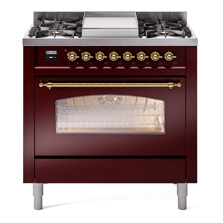 Aragaz, ILVE, Nostalgie, 90 cm, 4 arzatoare, Fry Top, cuptor electric, burgundy/brass