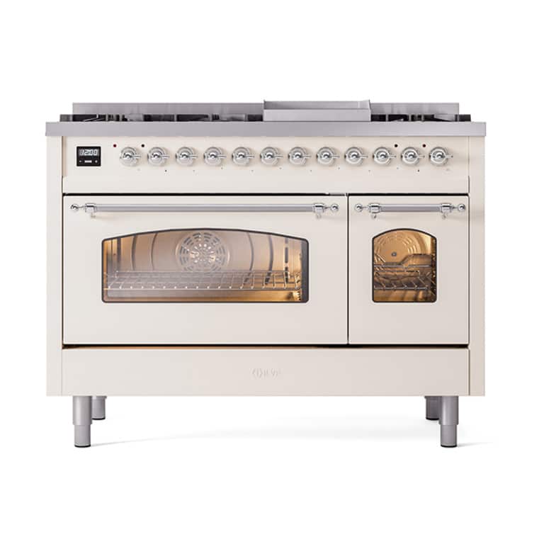 Aragaz, ILVE, Nostalgie, 120 cm, 6 arzatoare, Fry Top, 2 cuptoare electrice, antique white/chrome