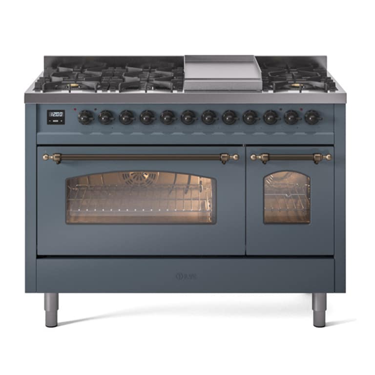 Aragaz, ILVE, Nostalgie, 120 cm, 6 arzatoare, Fry Top, 2 cuptoare electrice, blue gray/burnished