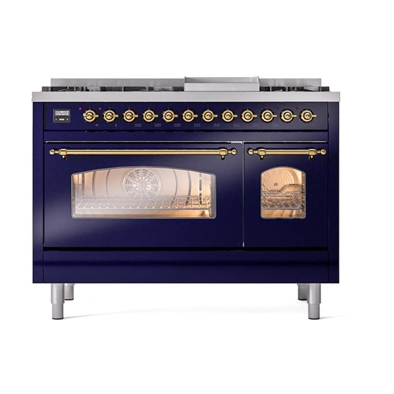 Aragaz, ILVE, Nostalgie, 120 cm, 6 arzatoare, Fry Top, 2 cuptoare electrice, midnight blue/brass