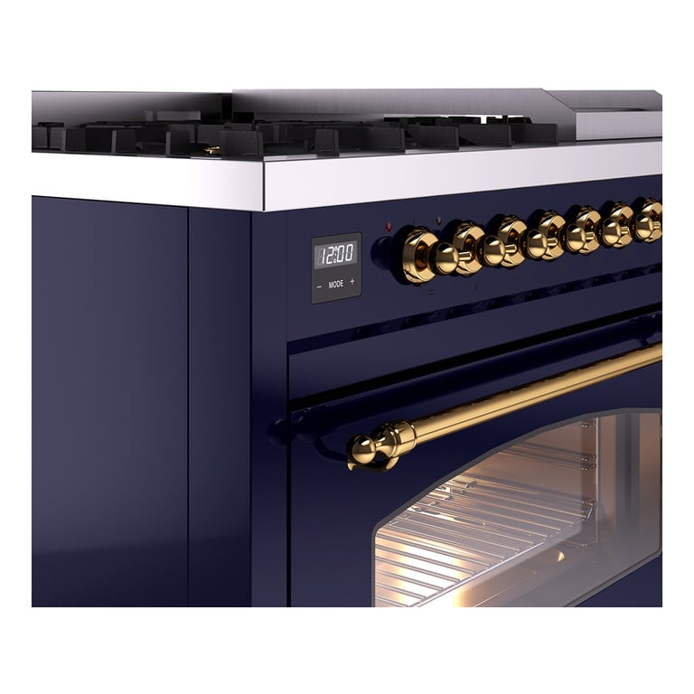 Aragaz, ILVE, Nostalgie, 120 cm, 6 arzatoare, Fry Top, 2 cuptoare electrice, midnight blue/brass