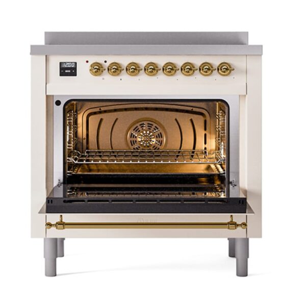Aragaz, ILVE, Nostalgie, 90 cm, plita cu inductie, 6 zone de gatit, cuptor electric, solid door, antique white/brass