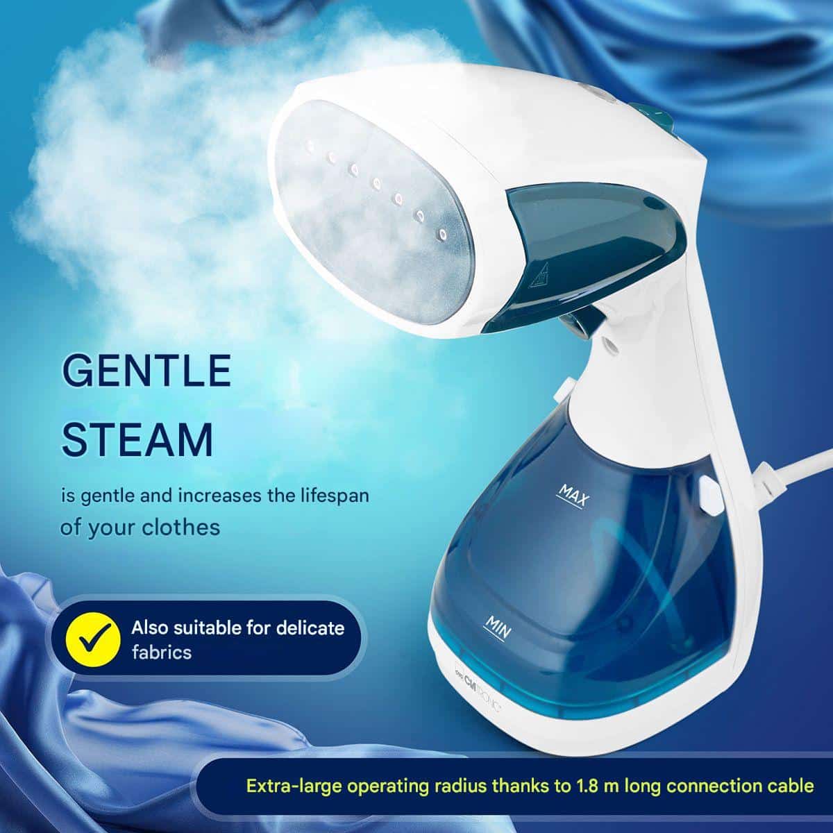 Aparat de calcat vertical cu aburi 2in1, Clatronic, albastru