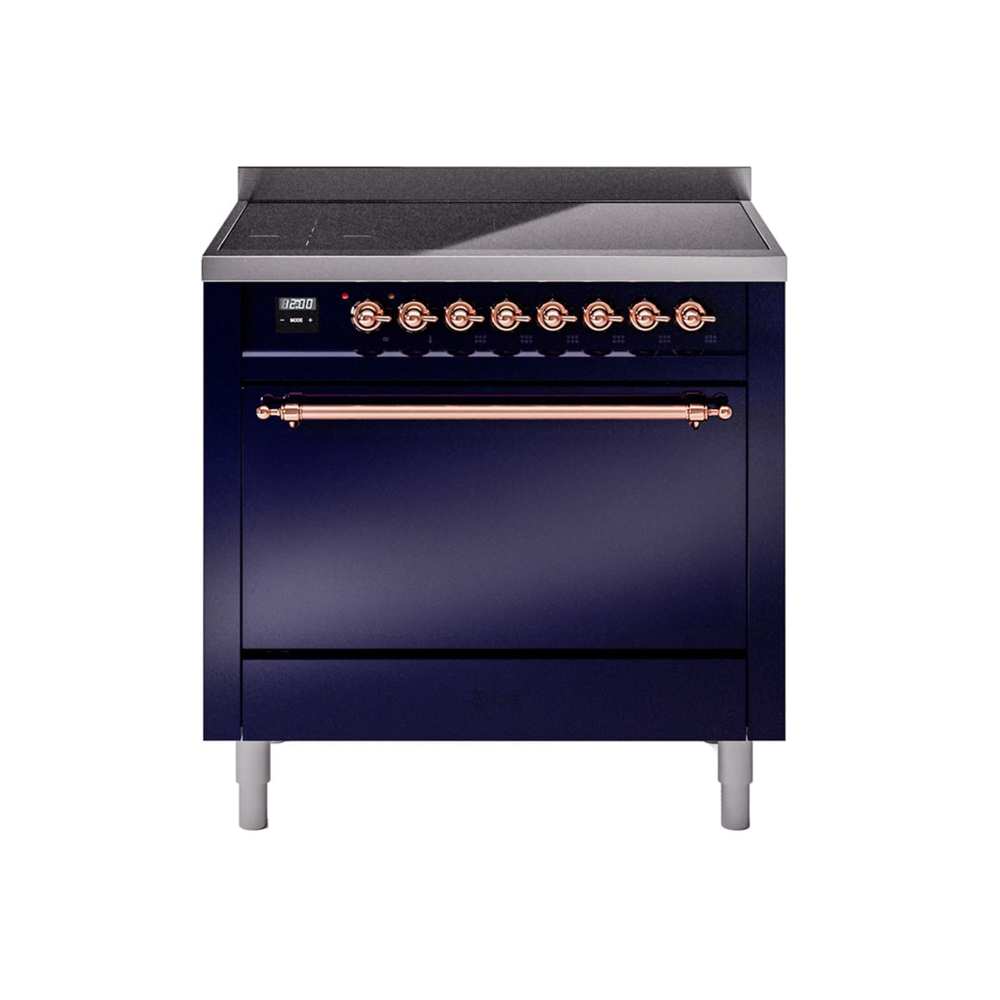 Aragaz pe inductie premium ILVE, Nostalgie, 90 cm, clasa A+, 6 zone de gatire, functie Bridge, cuptor electric 97 litri, design vintage, timer, usa cuptor cu 3 straturi de sticla, gatire ECO, dezghetare, 15 functii de gatire multiple, iluminare interioara automata, bleumarin/cupru