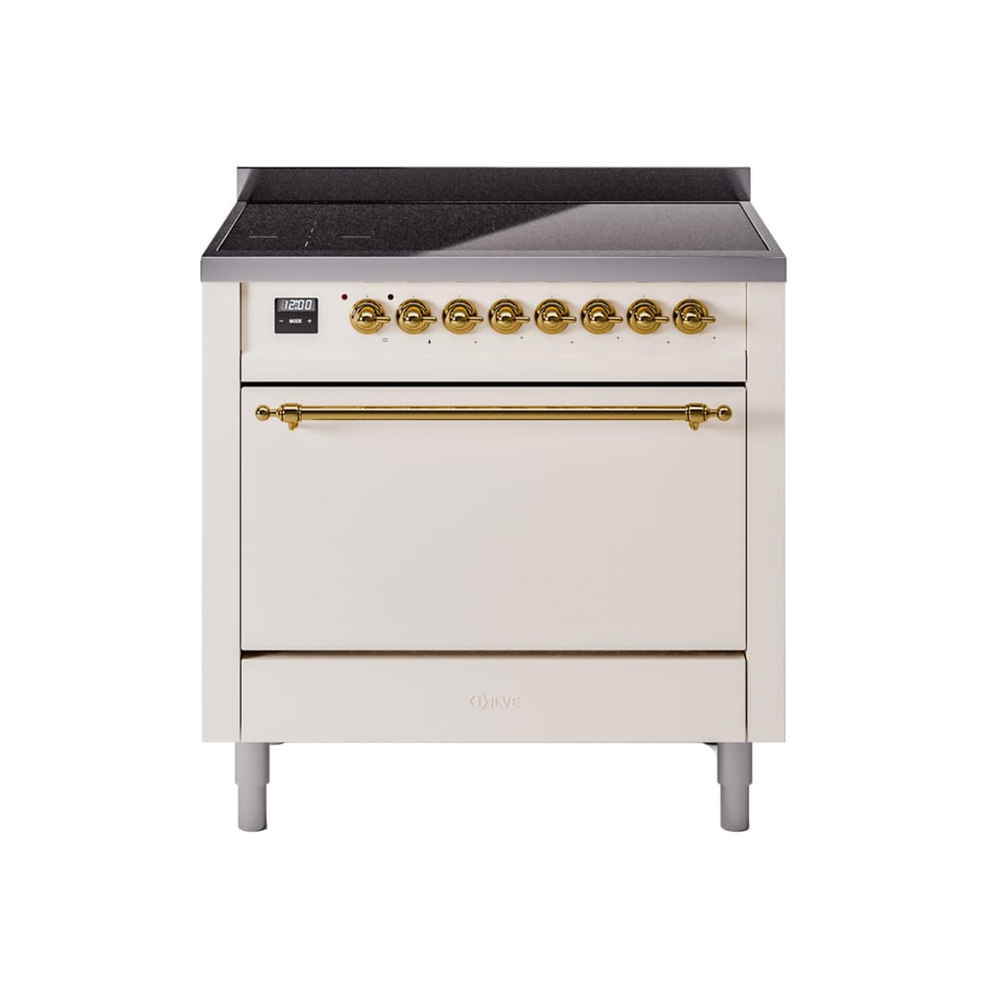 Aragaz pe inductie premium ILVE, Nostalgie, 90 cm, clasa A+, 6 zone de gatire, functie Bridge, cuptor electric 97 litri, design vintage, timer, usa cuptor cu 3 straturi de sticla, gatire ECO, dezghetare, 15 functii de gatire multiple, iluminare interioara automata, crem/auriu