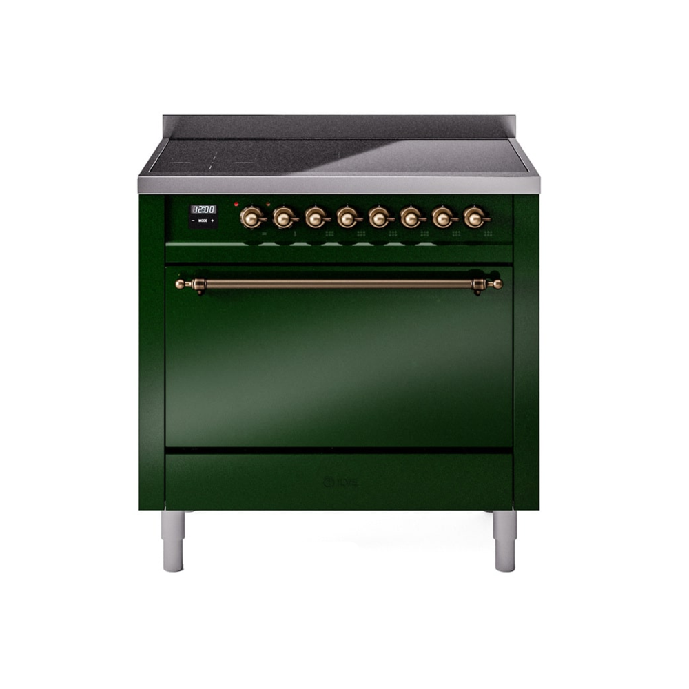 Aragaz pe inductie premium ILVE, Nostalgie, 90 cm, clasa A+, 6 zone de gatire, functie Bridge, cuptor electric 97 litri, design vintage, timer, usa cuptor cu 3 straturi de sticla, gatire ECO, dezghetare, 15 functii de gatire multiple, iluminare interioara automata, verde/bronz