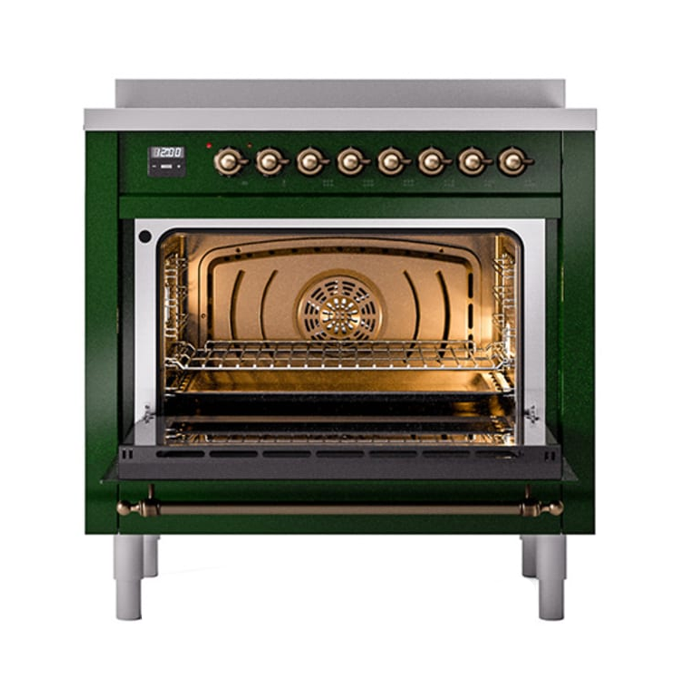 Aragaz pe inductie premium ILVE, Nostalgie, 90 cm, clasa A+, 6 zone de gatire, functie Bridge, cuptor electric 97 litri, design vintage, timer, usa cuptor cu 3 straturi de sticla, gatire ECO, dezghetare, 15 functii de gatire multiple, iluminare interioara automata, verde/bronz, usa deschisa