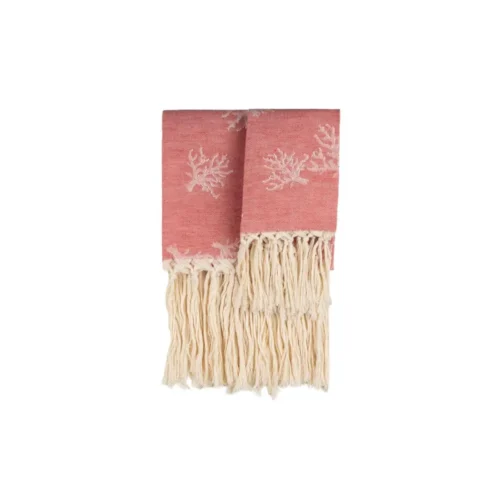 Set 2 prosoape de oaspeti, 70x135 cm, bumbac si in, Casa Amalfi, Coral Fringe, corai