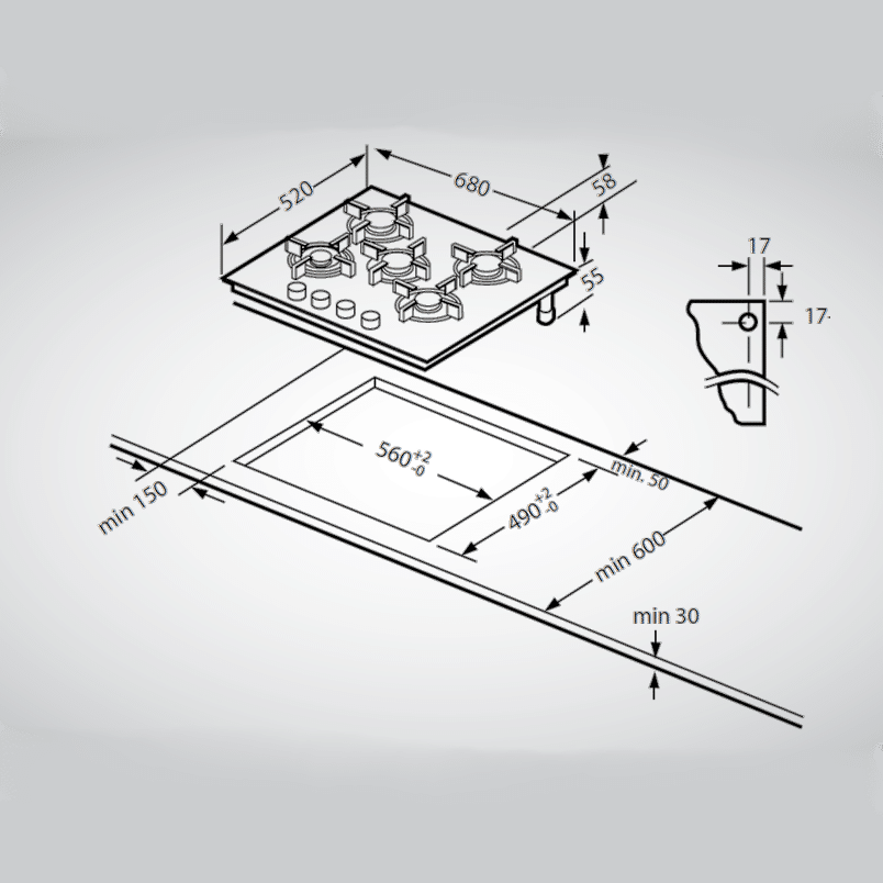 Plita incorporabila pe gaz, Schneider, 5 arzatoare, 70 cm, antracit