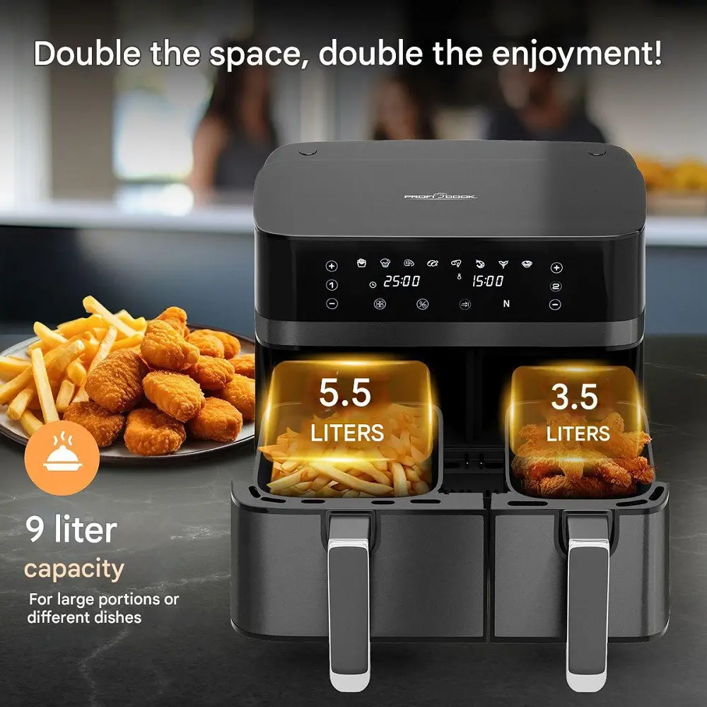 Friteuza dubla cu aer cald XXL Air Fryer, Proficook, 2700 W, 9 litri, negru