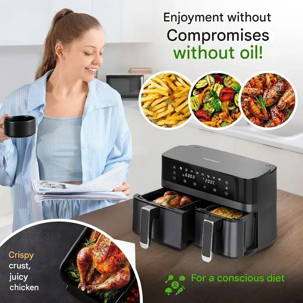 Friteuza dubla cu aer cald XXL Air Fryer, Proficook, 2700 W, 9 litri, negru