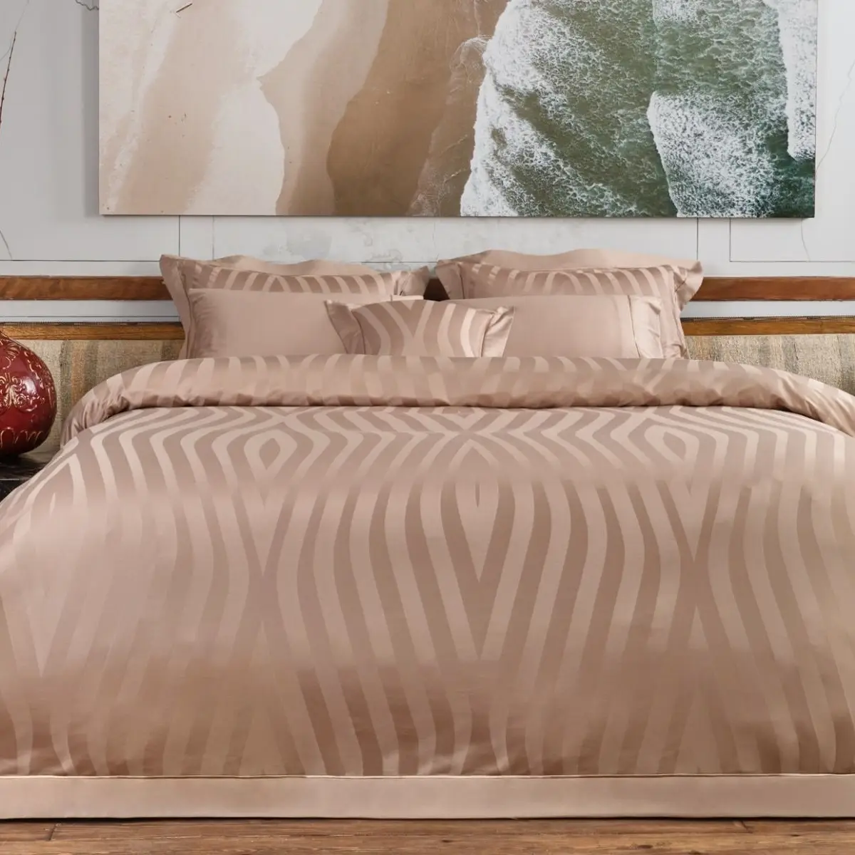 Set lenjerie de pat matrimonial premium, Valeron, 7 piese, Agata, 100% bumbac egiptean, bej