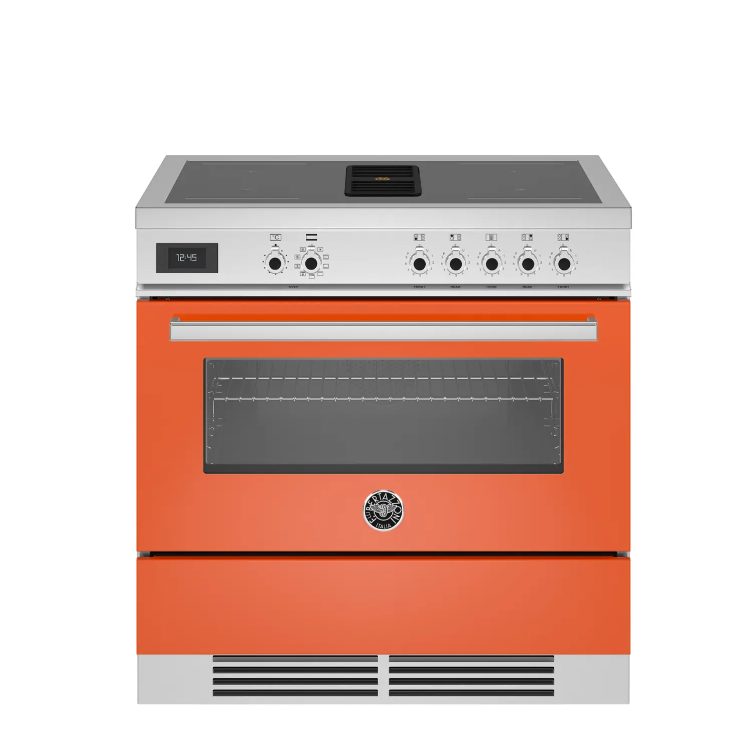 Aragaz cu plita pe inductie si hota integrata, Bertazzoni, 90 cm, 4 zone de gatit, Air-Tec, colectie Professional, portocaliu