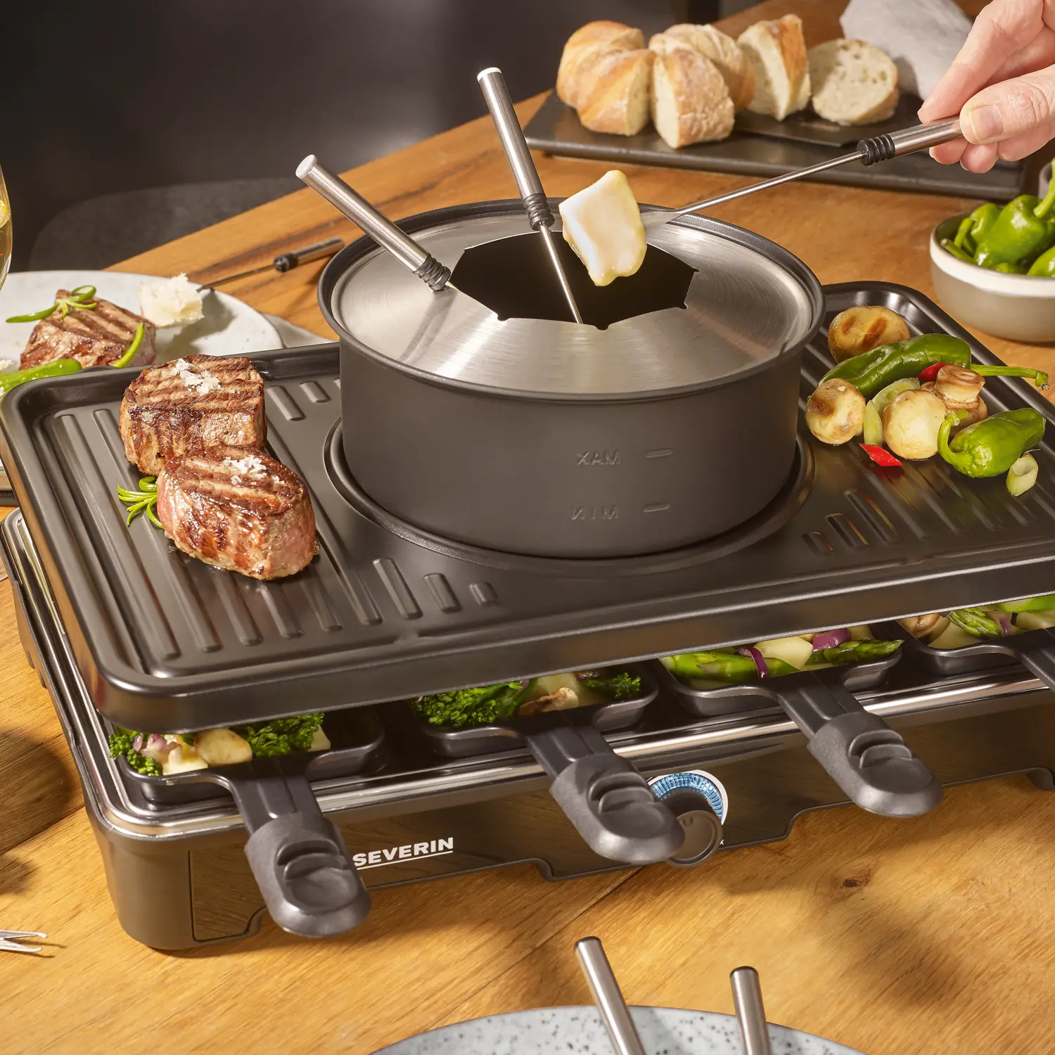 Plita grill si raclette cu fondue 3in1, Severin, 1400 W, 8 persoane, negru