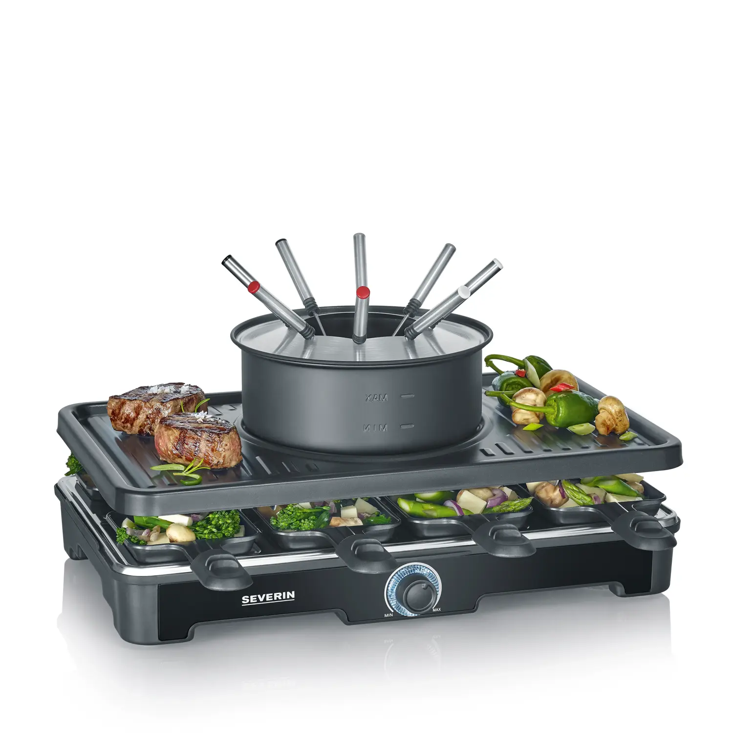 Plita grill si raclette cu fondue 3in1, Severin, 1400 W, 8 persoane, negru