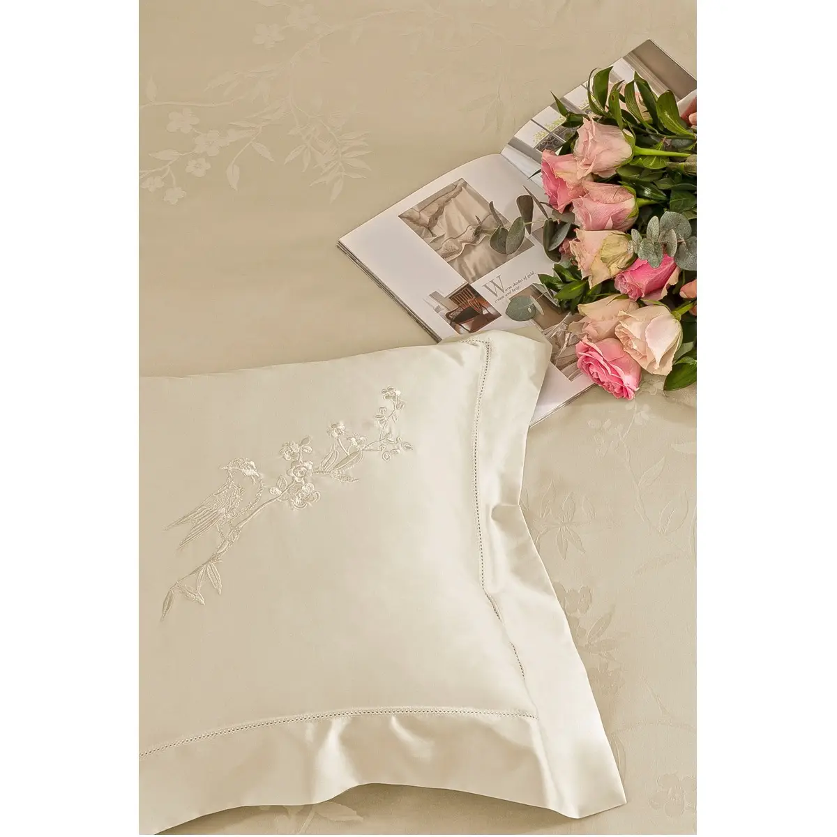 Set lenjerie de pat matrimonial premium, Valeron, 7 piese, Clarins, 100% bumbac egiptean, bej