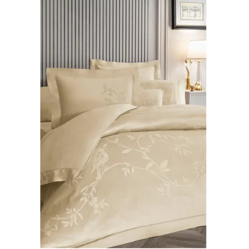 Set lenjerie de pat matrimonial premium, Valeron, 7 piese, Clarins, 100% bumbac egiptean, bej